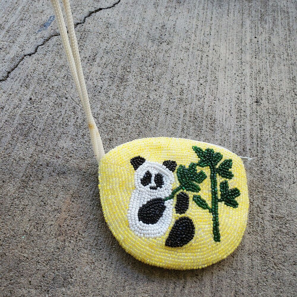 Panda Bear And Bamboo Yellow Zip Coin Pouch Bag